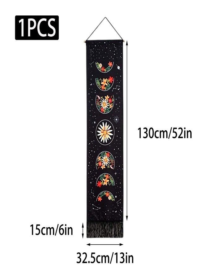Wuyituart Black Floral Moon Vertical Tapestry Wall Hanging Long Boho Flower Fabric Wall Art Tassel Tapestry for Bedroom Living Room Home Decoration, 58x13 Inch - Image 2